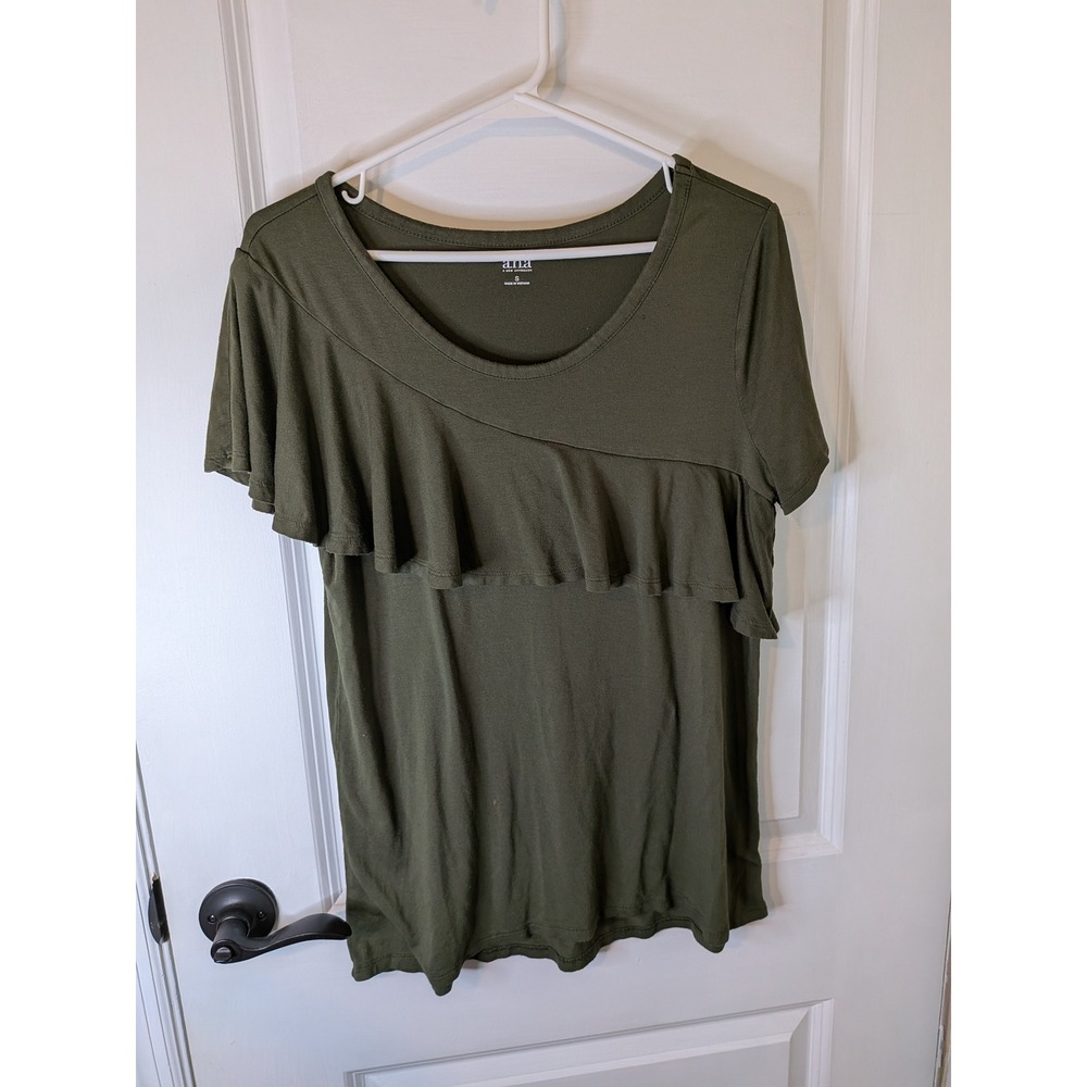 ana A New Approach Olive Green Asymmetrical Ruffle Scoop Neck Top Small
